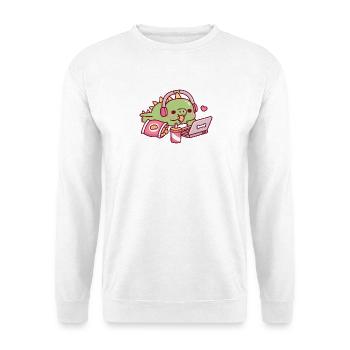 Süßer Dino entspannt mit Snacks und Laptop - Unisex Pullover - Weiß - Vorne - Alina (178cm) & Michal (187cm)