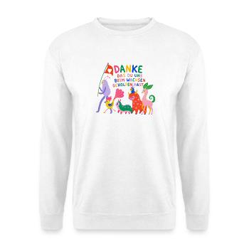 DANKE DAS DU UNS BEIM WACHSEN GEHOLFEN - Unisex Pullover - Weiß - Vorne - Alina (178cm) & Michal (187cm)