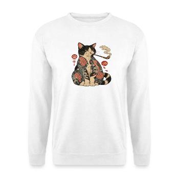 Katzentattoo mit Koi-Blüten - Unisex Pullover - Weiß - Vorne - Alina (178cm) & Michal (187cm)