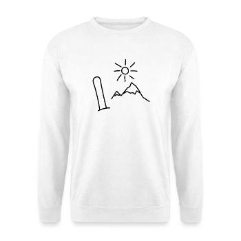 Snowboard Design mit Bergen und Sonne - Unisex Pullover - Weiß - Vorne - Alina (178cm) & Michal (187cm)