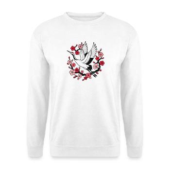 Kranich Kirschblüten Japan Natur Vektor Shirt - Unisex Pullover - Weiß - Vorne - Alina (178cm) & Michal (187cm)