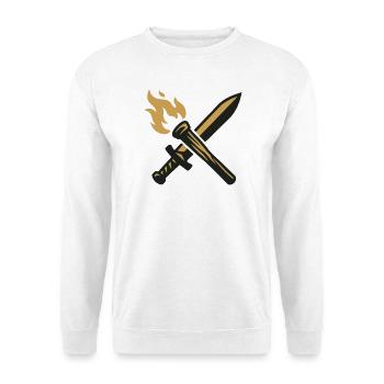 Schwert Fackel Gilden Wappen - Unisex Pullover - Weiß - Vorne - Alina (178cm) & Michal (187cm)