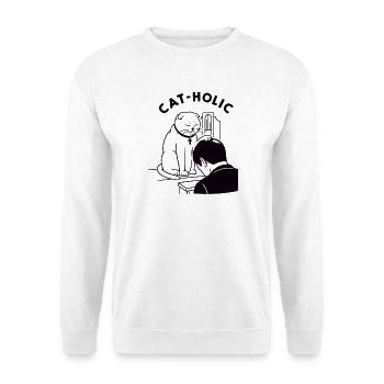 Katzenholische lustige Priesterkatze - Unisex Pullover - Weiß - Vorne - Alina (178cm) & Michal (187cm)
