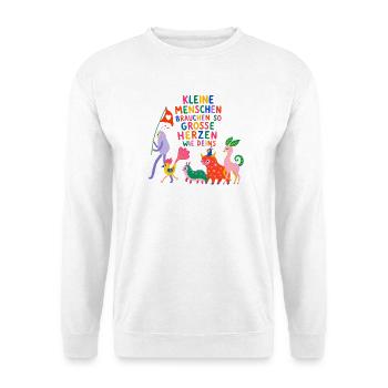 Kleine Menschen brauchen so große Herzen wie deins - Unisex Pullover - Weiß - Vorne - Alina (178cm) & Michal (187cm)