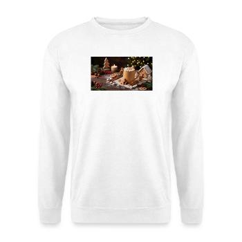 Zimtzauber Becher mit Lebkuchenhaus - Unisex Pullover - Weiß - Vorne - Alina (178cm) & Michal (187cm)