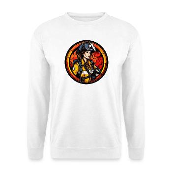 Feuerwehrfrau mit Helm und Flammen - Unisex Pullover - Weiß - Vorne - Alina (178cm) & Michal (187cm)