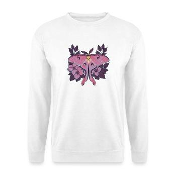 Pink Moon Moth im Blumenrahmen - Unisex Pullover - Weiß - Vorne - Alina (178cm) & Michal (187cm)