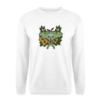Üppiger Mondfalter zwischen gelben Blüten - Unisex Pullover - Weiß - Vorne - Alina (178cm) & Michal (187cm)