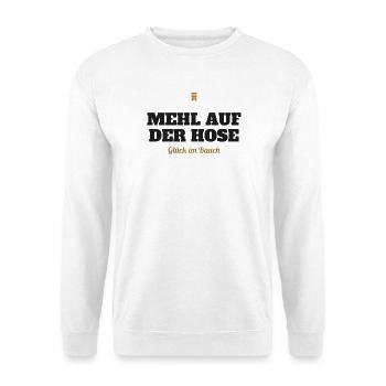 Mehl auf der Hose, Glück im Bauch – Backen - Unisex Pullover - Weiß - Vorne - Alina (178cm) & Michal (187cm)