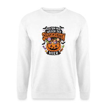 Ich bin nur wegen der Süßigkeiten hier Halloween - Unisex Pullover - Weiß - Vorne - Alina (178cm) & Michal (187cm)