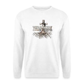 Verankert in Christus Christliches Motiv mit Kreuz - Unisex Pullover - Weiß - Vorne - Alina (178cm) & Michal (187cm)