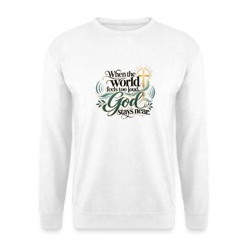 Wenn die Welt laut wird, Gott bleibt nah - Unisex Pullover - Weiß - Vorne - Alina (178cm) & Michal (187cm)