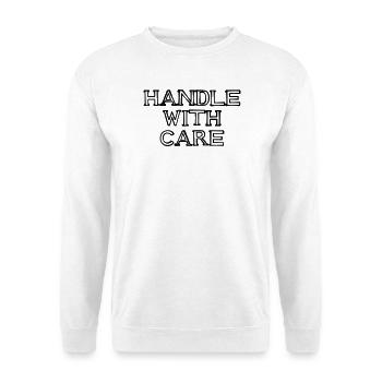 HANDLE WITH CARE Schriftzug handgezeichnet - Unisex Pullover - Weiß - Vorne - Alina (178cm) & Michal (187cm)
