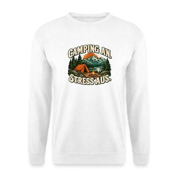 Camping an, Stress aus - Zelt und Natur - Unisex Pullover - Weiß - Vorne - Alina (178cm) & Michal (187cm)