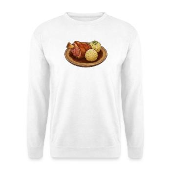 Schweinshaxe im Bratensud - Unisex Pullover - Weiß - Vorne - Alina (178cm) & Michal (187cm)
