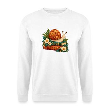 Goldene Schnecke auf verzierten Büchern - Unisex Pullover - Weiß - Vorne - Alina (178cm) & Michal (187cm)