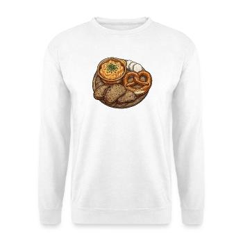 Rustikale Brotzeitplatte mit Obatzda - Unisex Pullover - Weiß - Vorne - Alina (178cm) & Michal (187cm)