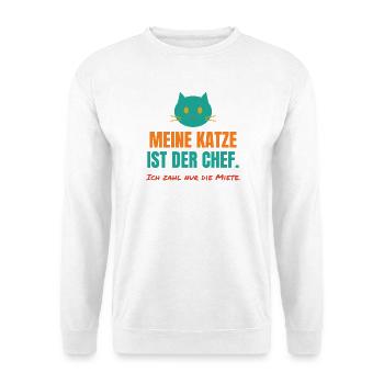 Meine Katze ist der Chef – Katzen Spruch - Unisex Pullover - Weiß - Vorne - Alina (178cm) & Michal (187cm)