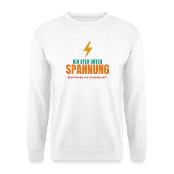 Ich steh unter Spannung – Elektriker Spruch - Unisex Pullover - Weiß - Vorne - Alina (178cm) & Michal (187cm)