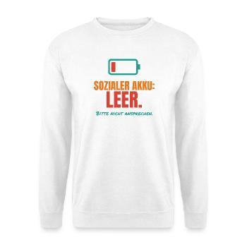 Sozialer Akku leer – Introvertiert Spruch - Unisex Pullover - Weiß - Vorne - Alina (178cm) & Michal (187cm)