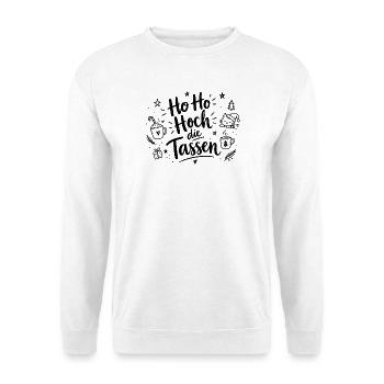 Ho Ho Hoch die Tassen – Weihnachtsspruch - Unisex Pullover - Weiß - Vorne - Alina (178cm) & Michal (187cm)