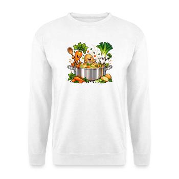 Fröhliche Gemüsefreunde kochen Suppe  - Unisex Pullover - Weiß - Vorne - Alina (178cm) & Michal (187cm)