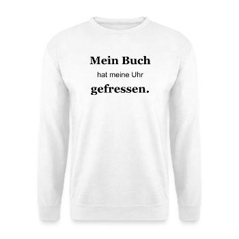 Buch hat meine Uhr gefressen – schwarz - Unisex Pullover - Weiß - Vorne - Alina (178cm) & Michal (187cm)