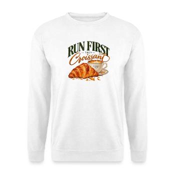 Zuerst laufen, später Croissant – Running & Coffee Club - Unisex Pullover - Weiß - Vorne - Alina (178cm) & Michal (187cm)