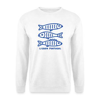 Lissabon, Portugal Blaue Sardinen – Minimalistische Kunst - Unisex Pullover - Weiß - Vorne - Alina (178cm) & Michal (187cm)