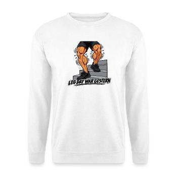 Fitness Herren Outfit- Leg day - Lustiges Gym Bild - Unisex Pullover - Weiß - Vorne - Alina (178cm) & Michal (187cm)
