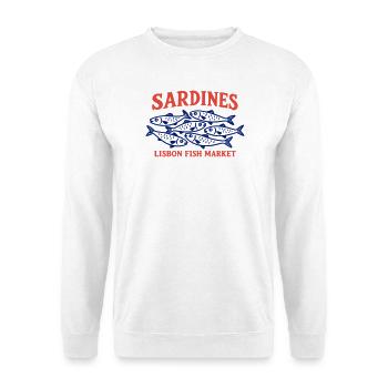 Vintage Lissabonner Fischmarkt Sardinen Portugal - Unisex Pullover - Weiß - Vorne - Alina (178cm) & Michal (187cm)