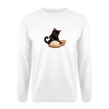 Katze schneidet Sauerteigbrot ein - Unisex Pullover - Weiß - Vorne - Alina (178cm) & Michal (187cm)