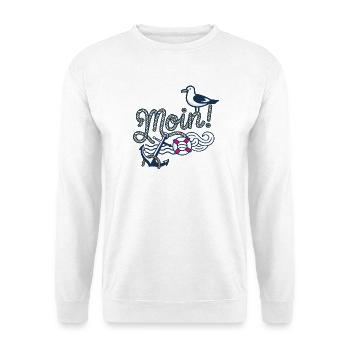 Moin mit_Moewe_und_Anker - Unisex Pullover - Weiß - Vorne - Alina (178cm) & Michal (187cm)