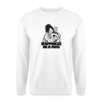 Glück in einer Tasse – Gemütlicher Kaffeeliebhaber umarmt ein C - Unisex Pullover - Weiß - Vorne - Alina (178cm) & Michal (187cm)