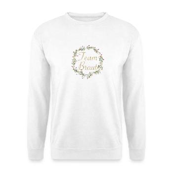 Team Braut mit Blumenkranz goldener Schriftzug - Unisex Pullover - Weiß - Vorne - Alina (178cm) & Michal (187cm)