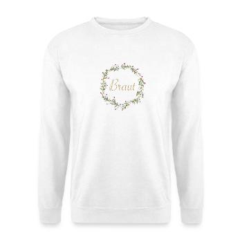 Braut mit Blumenkranz goldener Schriftzug - Unisex Pullover - Weiß - Vorne - Alina (178cm) & Michal (187cm)