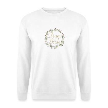 Team Bride mit Blumenkranz goldener Schriftzug - Unisex Pullover - Weiß - Vorne - Alina (178cm) & Michal (187cm)
