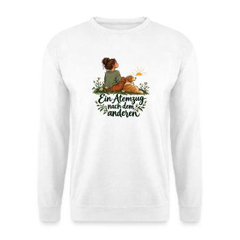 Achtsamkeit mit Hund - Unisex Pullover - Weiß - Vorne - Alina (178cm) & Michal (187cm)