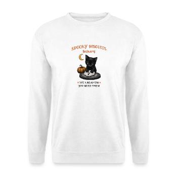 Halloween Katze mit Geisterkeks - Unisex Pullover - Weiß - Vorne - Alina (178cm) & Michal (187cm)