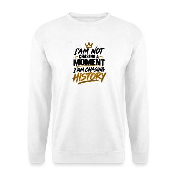 Der Geschichte nachjagen, keine Sekunde - Unisex Pullover - Weiß - Vorne - Alina (178cm) & Michal (187cm)