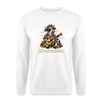 Mookulele lustige Kuh spielt Ukulele-Musiker - Unisex Pullover - Weiß - Vorne - Alina (178cm) & Michal (187cm)