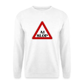 AI SLOP WARNSCHILD ACHTUNG KI MÜLL LUSTIGER SPRUCH - Unisex Pullover - Weiß - Vorne - Alina (178cm) & Michal (187cm)