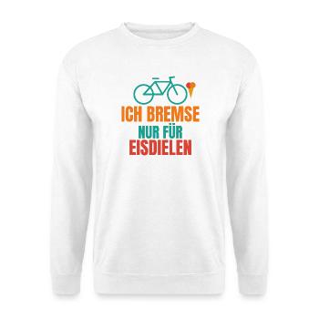 Ich bremse nur für Eisdielen – Fahrrad Spruch - Unisex Pullover - Weiß - Vorne - Alina (178cm) & Michal (187cm)