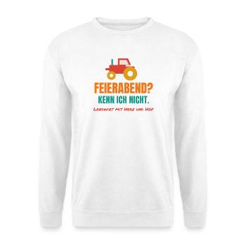 Feierabend? Kenn ich nicht. – Landwirt Spruch - Unisex Pullover - Weiß - Vorne - Alina (178cm) & Michal (187cm)