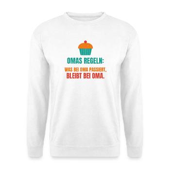 Omas Regeln: Was bei Oma passiert, bleibt bei Oma - Unisex Pullover - Weiß - Vorne - Alina (178cm) & Michal (187cm)