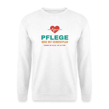 Pflege – Herz mit Schichtplan - Unisex Pullover - Weiß - Vorne - Alina (178cm) & Michal (187cm)