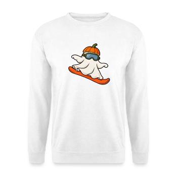Geist auf dem Snowboard. Halloween im Schnee - Unisex Pullover - Weiß - Vorne - Alina (178cm) & Michal (187cm)