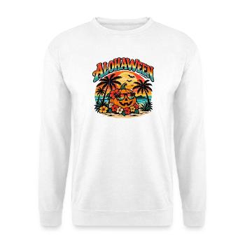 Alohaween Tropical Halloween – Lustiger Kürbis - Unisex Pullover - Weiß - Vorne - Alina (178cm) & Michal (187cm)