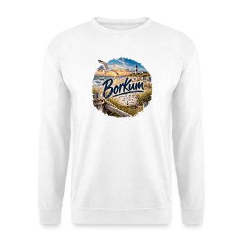 Borkum Küstenzauber Strand Leuchtturm - Unisex Pullover - Weiß - Vorne - Alina (178cm) & Michal (187cm)