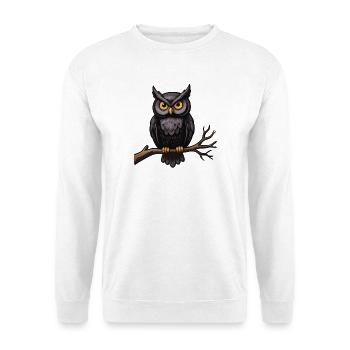 Eule auf einem Ast - Unisex Pullover - Weiß - Vorne - Alina (178cm) & Michal (187cm)